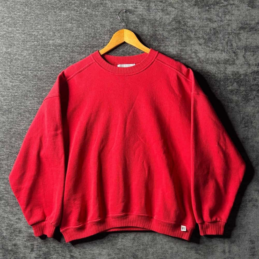 Vintage 90s Russell Athletic Crewneck Sweatshirt Red Blank Made in USA Large